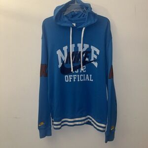 Nike Men's Medium Hoodie Blue "Nike Official" Pullover Graphic Striped Hem (Z2)